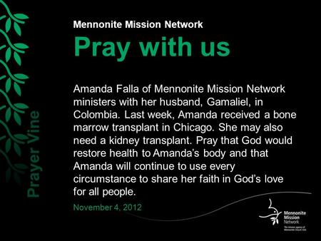Mennonite Mission Network Pray with us Amanda Falla of Mennonite Mission Network ministers with her husband, Gamaliel, in Colombia. Last week, Amanda received.