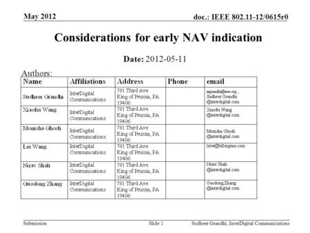 Submission doc.: IEEE 802.11-12/0615r0 May 2012 Sudheer Grandhi, InterDigital CommunicationsSlide 1 Considerations for early NAV indication Date: 2012-05-11.