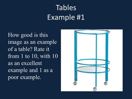 Tables Example #1 How good is this image as an example of a table? Rate it from 1 to 10, with 10 as an excellent example and 1 as a poor example.