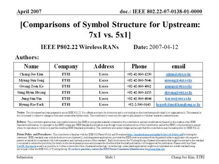 Doc.: IEEE 802.22-07-0138-01-0000 Submission April 2007 Chang-Joo Kim, ETRISlide 1 [Comparisons of Symbol Structure for Upstream: 7x1 vs. 5x1] IEEE P802.22.