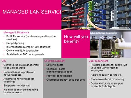 MANAGED LAN SERVICES How will you benefit? Managed LAN service  Full LAN service (hardware, operation, other services)  Per-port pricing  International.