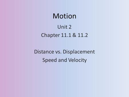 Motion Unit 2 Chapter 11.1 & 11.2 Distance vs. Displacement Speed and Velocity.