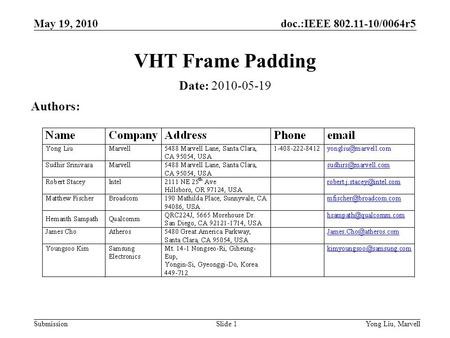 Doc.:IEEE 802.11-10/0064r5 Submission May 19, 2010 Yong Liu, MarvellSlide 1 VHT Frame Padding Date: 2010-05-19 Authors:
