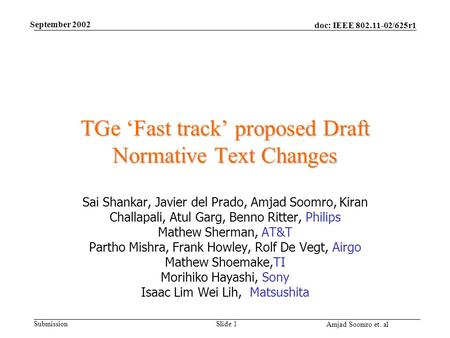 Doc: IEEE 802.11-02/625r1 Submission Amjad Soomro et. al September 2002 Slide 1 TGe ‘Fast track’ proposed Draft Normative Text Changes Sai Shankar, Javier.
