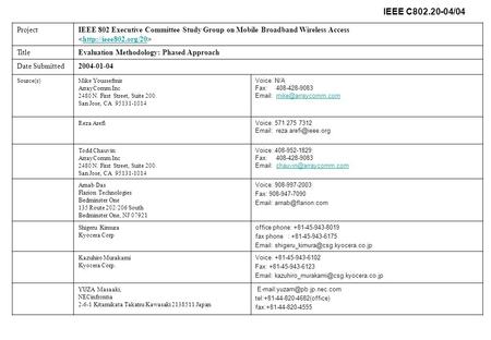 IEEE C802.20-04/04 ProjectIEEE 802 Executive Committee Study Group on Mobile Broadband Wireless Access  TitleEvaluation Methodology: