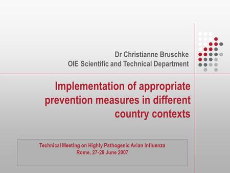 Implementation of appropriate prevention measures in different country contexts Dr Christianne Bruschke OIE Scientific and Technical Department Technical.