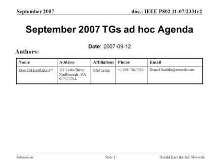 Doc.: IEEE P802.11-07/2331r2 Submission September 2007 Donald Eastlake 3rd, MotorolaSlide 1 September 2007 TGs ad hoc Agenda Date: 2007-09-12 Authors: