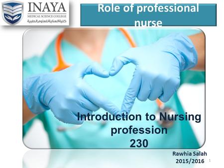 Role of professional nurse Rawhia Salah 2015/2016 Introduction to Nursing profession 230 1.
