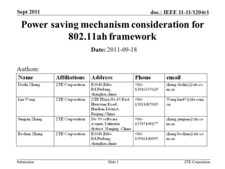 Submission doc.: IEEE 11-11/1204r1 ZTE CorporationSlide 1 Power saving mechanism consideration for 802.11ah framework Date: 2011-09-18 Authors: Sept 2011.