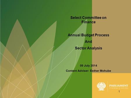 Select Committee on Finance Annual Budget Process And Sector Analysis 09 July 2014 Content Adviser: Esther Mohube 1.