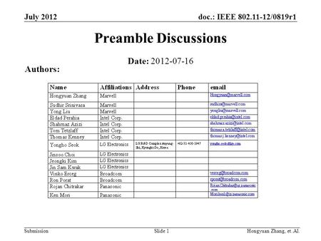 Doc.: IEEE 802.11-12/0819r1 Submission July 2012 Hongyuan Zhang, et. Al.Slide 1 Preamble Discussions Date: 2012-07-16 Authors: