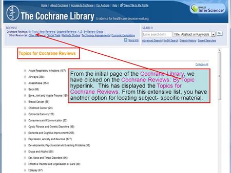 From the initial page of the Cochrane Library, we have clicked on the Cochrane Reviews: By Topic hyperlink. This has displayed the Topics for Cochrane.