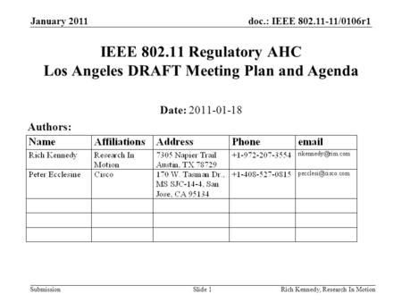 Doc.: IEEE 802.11-11/0106r1 Submission January 2011 Rich Kennedy, Research In MotionSlide 1 IEEE 802.11 Regulatory AHC Los Angeles DRAFT Meeting Plan and.