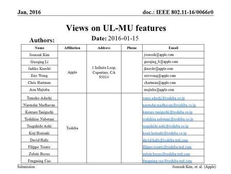 Doc.: IEEE 802.11-16/0066r0 Submission Views on UL-MU features Jan, 2016 Date: 2016-01-15 Authors: NameAffiliationAddressPhoneEmail Joonsuk Kim Apple 1.