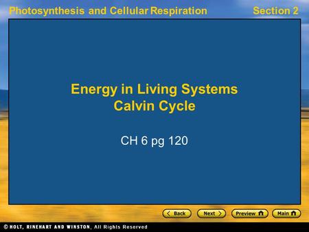 Photosynthesis and Cellular RespirationSection 2 Energy in Living Systems Calvin Cycle CH 6 pg 120.