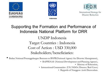 Supporting the Formation and Performance of Indonesia National Platform for DRR UNDP Indonesia Target Countries : Indonesia Cost of Action : USD 330,000.
