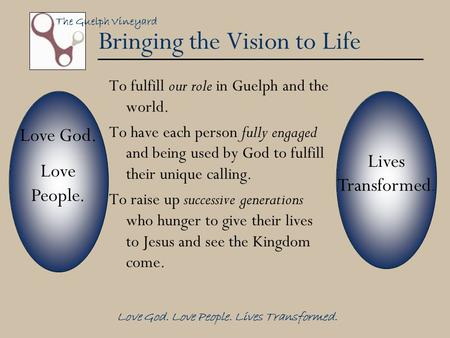 The Guelph Vineyard Love God. Love People. Lives Transformed. Bringing the Vision to Life To fulfill our role in Guelph and the world. To have each person.