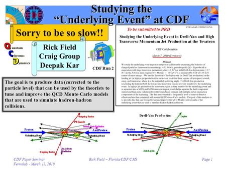 CDF Paper Seminar Fermilab - March 11, 2010 Rick Field – Florida/CDF/CMSPage 1 Sorry to be so slow!! Studying the “Underlying Event” at CDF CDF Run 2 “Leading.