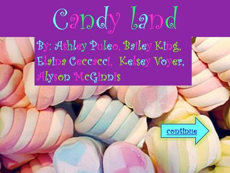 Candy landCandy land continue By: Ashley Puleo, Bailey King, Elaina Ceccacci, Kelsey Voyer, Alyson McGinnis.