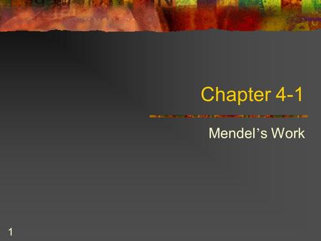 1 Chapter 4-1 Mendel ’ s Work. 2 Some Important Terms Heredity – the passing of physical characteristics from parents to offspring Trait – a characteristic.