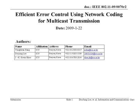 Doc.: IEEE 802.11-09/0070r2 SubmissionSlide 1 Efficient Error Control Using Network Coding for Multicast Transmission Date: 2009-1-22 Authors: DooJung.