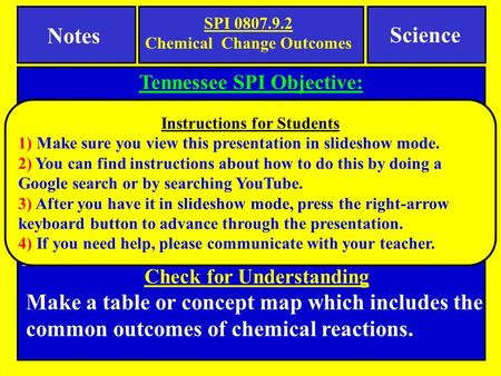 Notes Tennessee SPI Objective: Identify the common outcome of all chemical changes. Science Check for Understanding Make a table or concept map which includes.