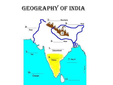 Geography of India. As we go through the PowerPoint… Label the geographic features of India on your map (#1-10) Answer the questions on the back of your.