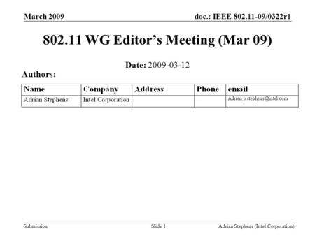 Submission doc.: IEEE 802.11-09/0322r1March 2009 Adrian Stephens (Intel Corporation)Slide 1 802.11 WG Editor’s Meeting (Mar 09) Date: 2009-03-12 Authors: