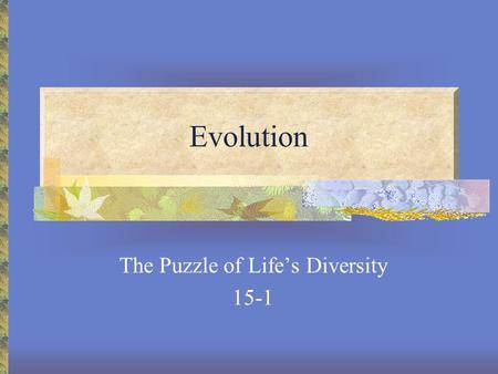 Evolution The Puzzle of Life’s Diversity 15-1 Charles Darwin Born- England 1809 At age 22, went on Voyage of the Beagle to observe evidence for evolution.