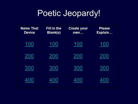 Name That Device Fill in the Blank(s) Create your own… Please Explain… 100 200 300 400 Poetic Jeopardy!