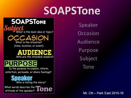 SOAPSTone Speaker Occasion Audience Purpose Subject Tone Mr. Ott – Park East 2015-16.