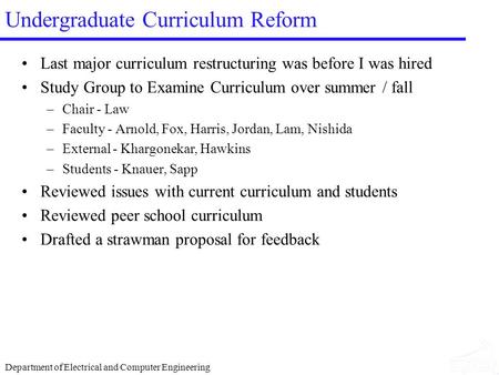 Department of Electrical and Computer Engineering Undergraduate Curriculum Reform Last major curriculum restructuring was before I was hired Study Group.