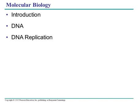 Copyright © 2005 Pearson Education, Inc. publishing as Benjamin Cummings Molecular Biology Introduction DNA DNA Replication.