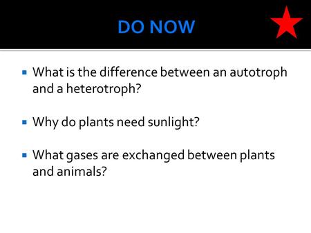  What is the difference between an autotroph and a heterotroph?  Why do plants need sunlight?  What gases are exchanged between plants and animals?