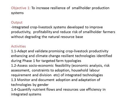Objective 1: To increase resilience of smallholder production systems Output -Integrated crop-livestock systems developed to improve productivity, profitability.
