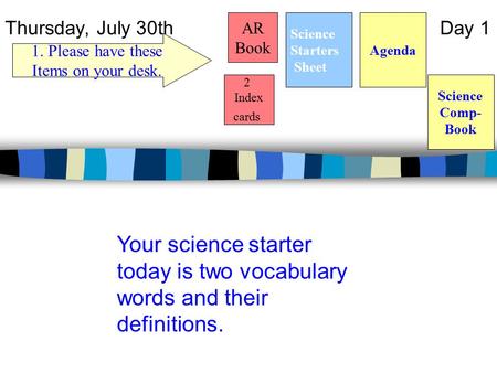 Thursday, July 30th Day 1 Science Starters Sheet 1. Please have these Items on your desk. AR Book Agenda Your science starter today is two vocabulary words.