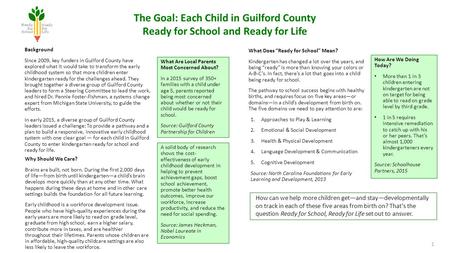 Background Since 2009, key funders in Guilford County have explored what it would take to transform the early childhood system so that more children enter.