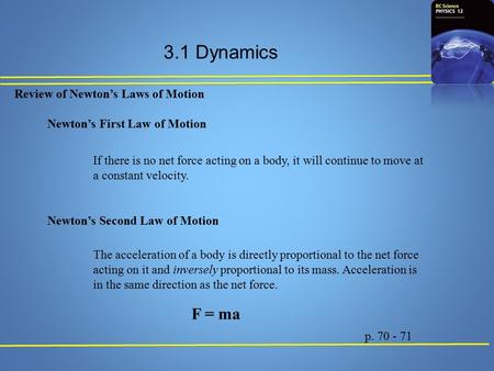 3.1 Dynamics p. 70 - 71 Review of Newton’s Laws of Motion Newton’s First Law of Motion If there is no net force acting on a body, it will continue to move.
