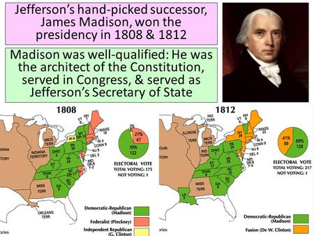 Jefferson’s hand-picked successor, James Madison, won the presidency in 1808 & 1812 Madison was well-qualified: He was the architect of the Constitution,