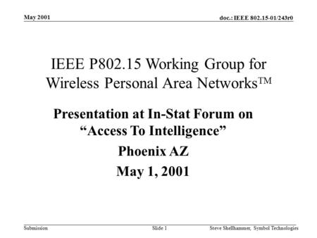 Doc.: IEEE 802.15-01/243r0 Submission May 2001 Slide 1Steve Shellhammer, Symbol Technologies IEEE P802.15 Working Group for Wireless Personal Area Networks.
