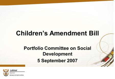 Labour Children’s Amendment Bill Portfolio Committee on Social Development 5 September 2007.