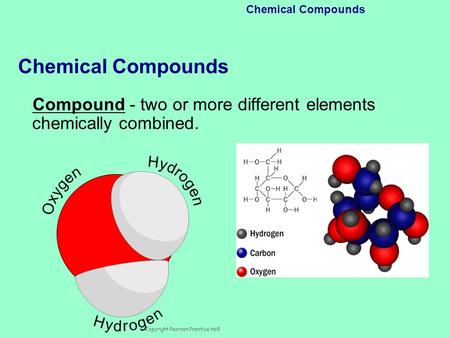 Copyright Pearson Prentice Hall Chemical Compounds Compound - two or more different elements chemically combined.