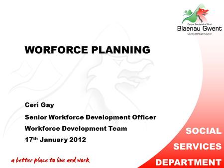 WORFORCE PLANNING Ceri Gay Senior Workforce Development Officer Workforce Development Team 17 th January 2012 SOCIAL SERVICES DEPARTMENT.