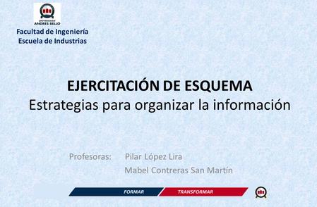 EJERCITACIÓN DE ESQUEMA Estrategias para organizar la información Profesoras: Pilar López Lira Mabel Contreras San Martín Facultad de Ingeniería Escuela.