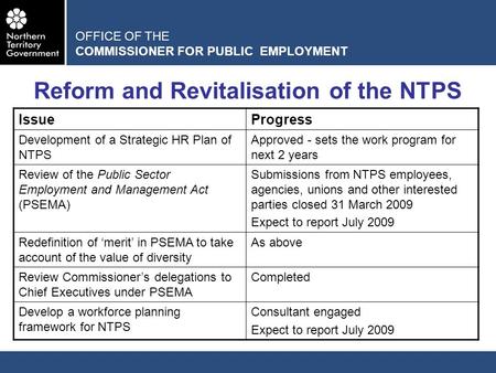 OFFICE OF THE COMMISSIONER FOR PUBLIC EMPLOYMENT Reform and Revitalisation of the NTPS IssueProgress Development of a Strategic HR Plan of NTPS Approved.