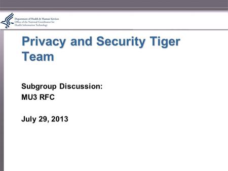 Privacy and Security Tiger Team Subgroup Discussion: MU3 RFC July 29, 2013.