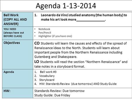 Agenda 1-13-2014 1 Bell Work (COPY ALL AND ANSWER) 1.Leonardo da Vinci studied anatomy (the human body) to make his art look more________________. YOU.