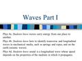 Waves Part I Phys 4a. Students know waves carry energy from one place to another. Phys 4b. Students know how to identify transverse and longitudinal waves.