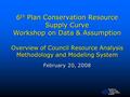 Northwest Power and Conservation Council 6 th Plan Conservation Resource Supply Curve Workshop on Data & Assumption Overview of Council Resource Analysis.