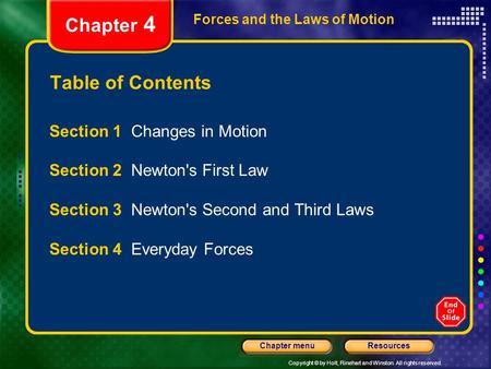 Copyright © by Holt, Rinehart and Winston. All rights reserved. ResourcesChapter menu Forces and the Laws of Motion Chapter 4 Table of Contents Section.